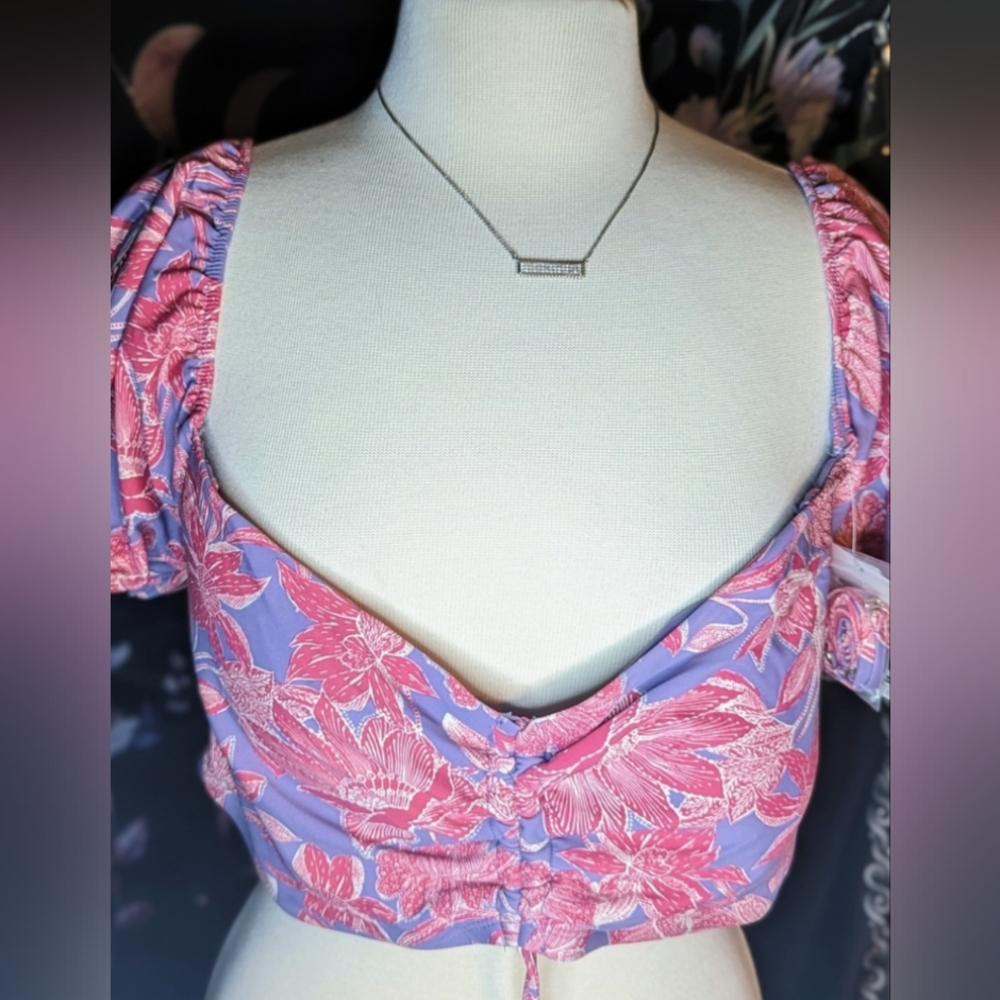 Time and Tru Pink and Purple Floral Bikini Top